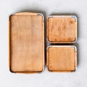 Vintage Mid Century Wood-Chrome Nesting Tray Set (3) Japan  Minimalist Japandi